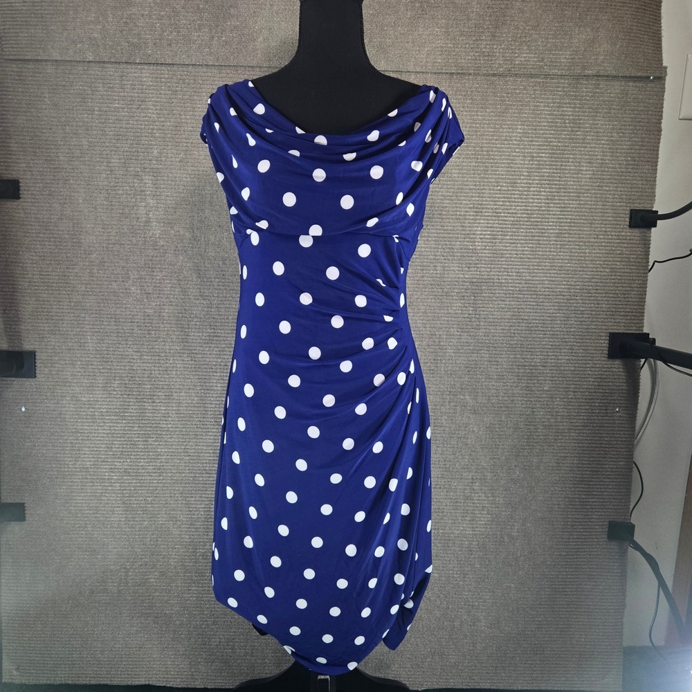 Lauren Ralph Lauren Womens 12 Blue Polka Dot Cowl Neck Ruched Sheath Dress - Picture 2 of 8